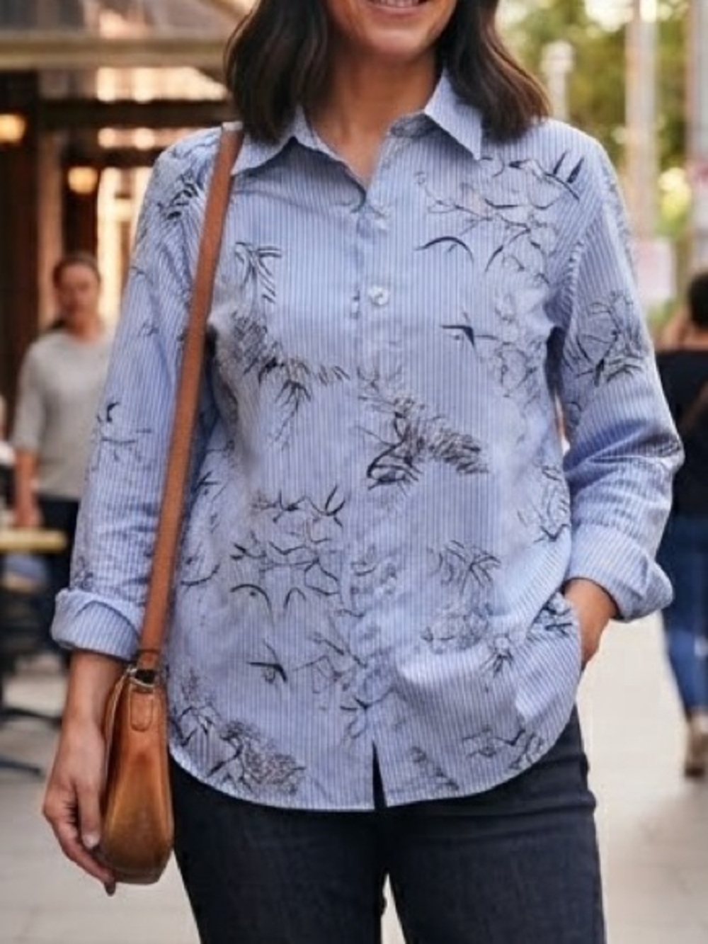 Level Ten Blue Pinstripe Black Floral Long Sleeve Button Down Shirt Size XL Boho